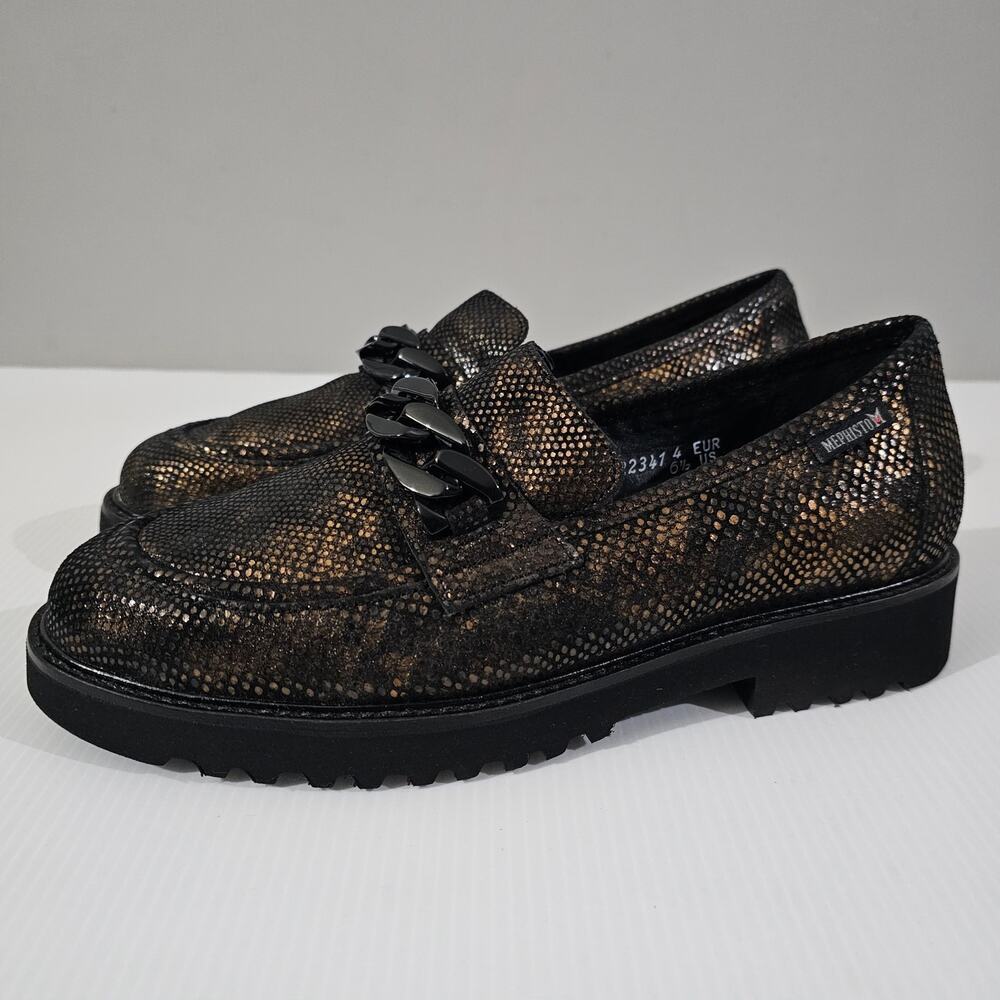 Mephisto Salka Lug Sole Loafer 6.5 Gold Snake Print Leather Chunky Slip On NEW - Picture 13 of 13